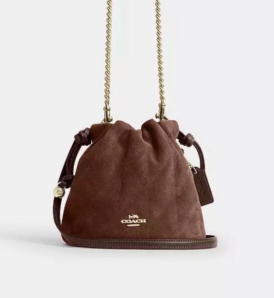 🤎 NWT COACH Faye Mini Drawstring Bag With Quilting Suede & Leather CDC42 Brown
