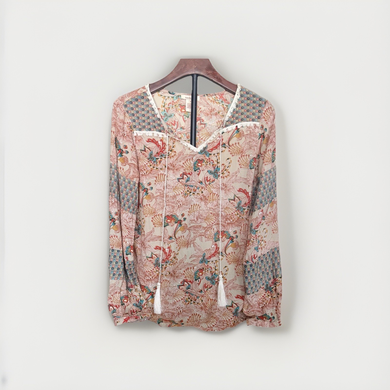 Sundance Women’s S Rayon Multicolor Floral V-Neck Tie Tassel Long Sleeve Blouse