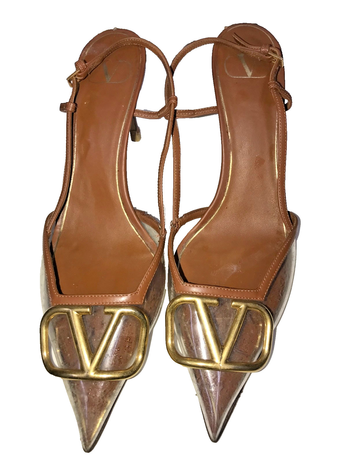 Valentino Garavani Vlogo Brown Pointed Toe Transparent Slingback Pump SZ 40