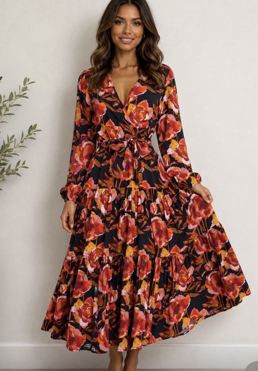 Petal and Pup Dress small Floral Midi/Maxi Wrap Navy Orange Pink Puff Sleeve