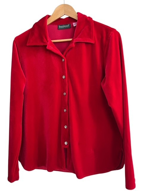 Harve Benard Sz Medium Red Velvet Stretch LS Button Up Tunic Blouse Top