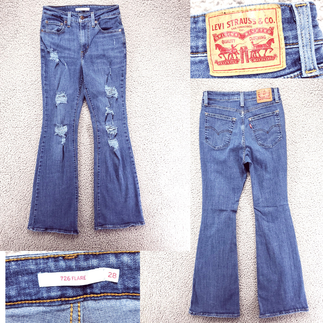 Levi’s 726 High Rise Flare Jeans Women’s 28×31 Distressed Stretch Medium Wash
