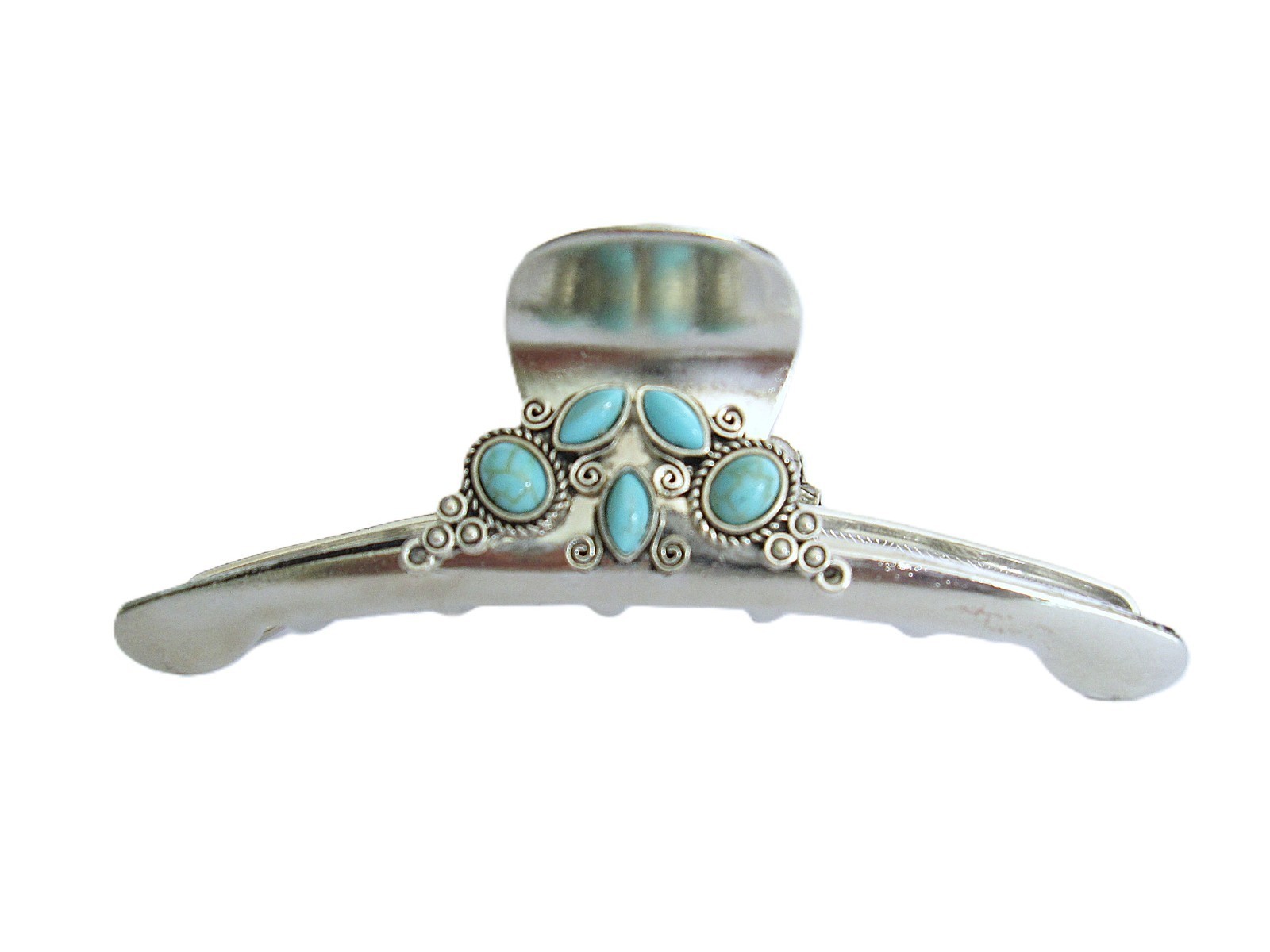 Large shiny turquoise blue stone silver metal western hair claw clip