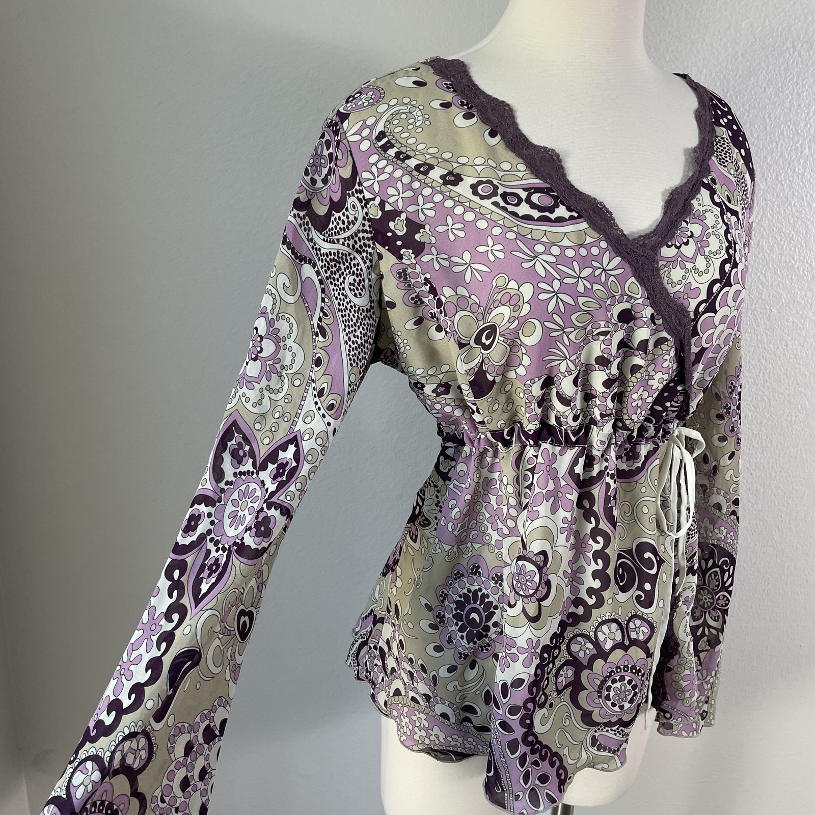 Y2K Apt 9 Blouse Womens XL Purple Beige Floral Paisley Babydoll Long Sleeve Top