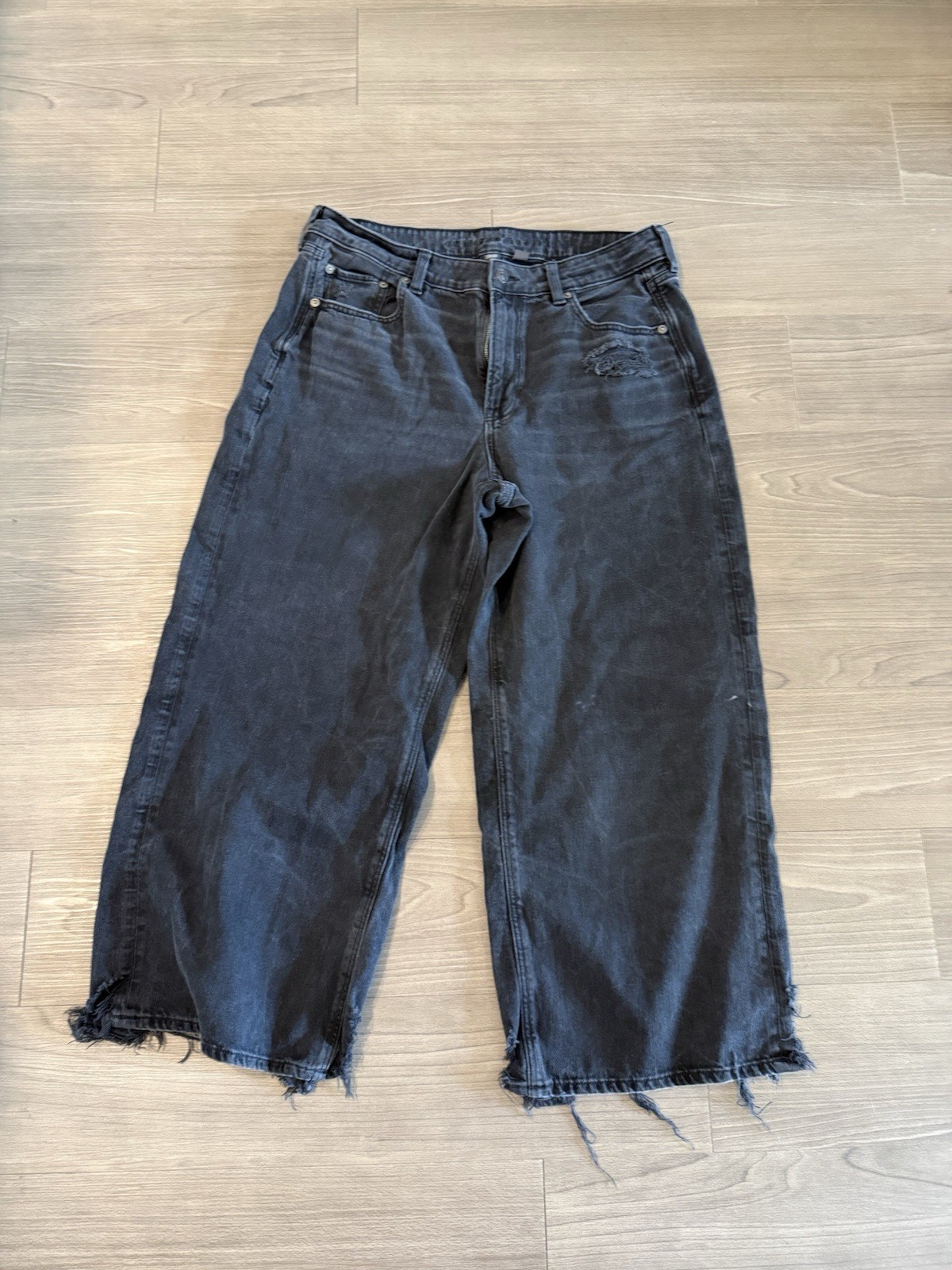 American Eagle Strigid Jeans 14 Black Gray Whiskered Wide Leg Stretch Baggy