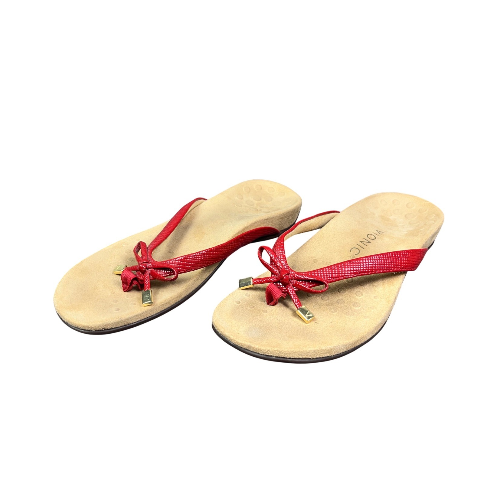 Vionic Bella II Red Lizard Embossed Orthotic Bow Flip Flop Sandals Womens 7.5