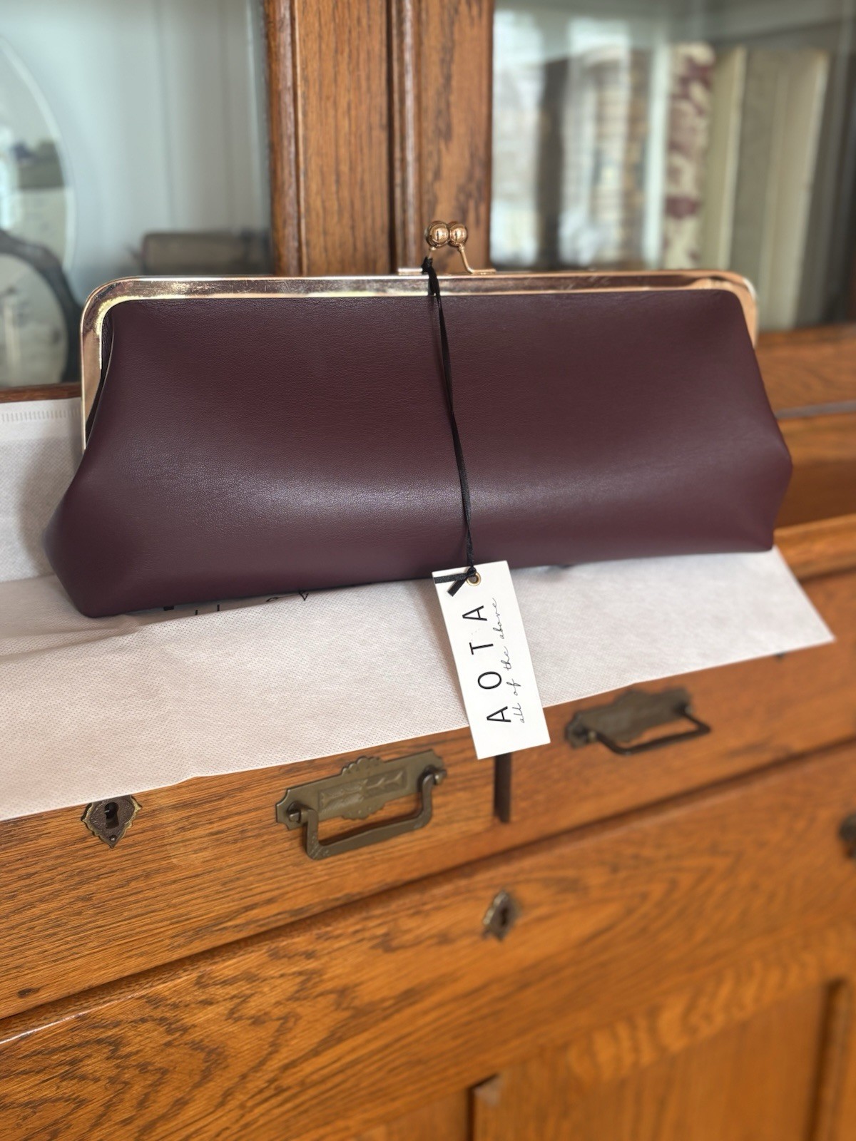 NWT AOTA Burgundy Vegan Leather Large Clutch With Gold Hardware