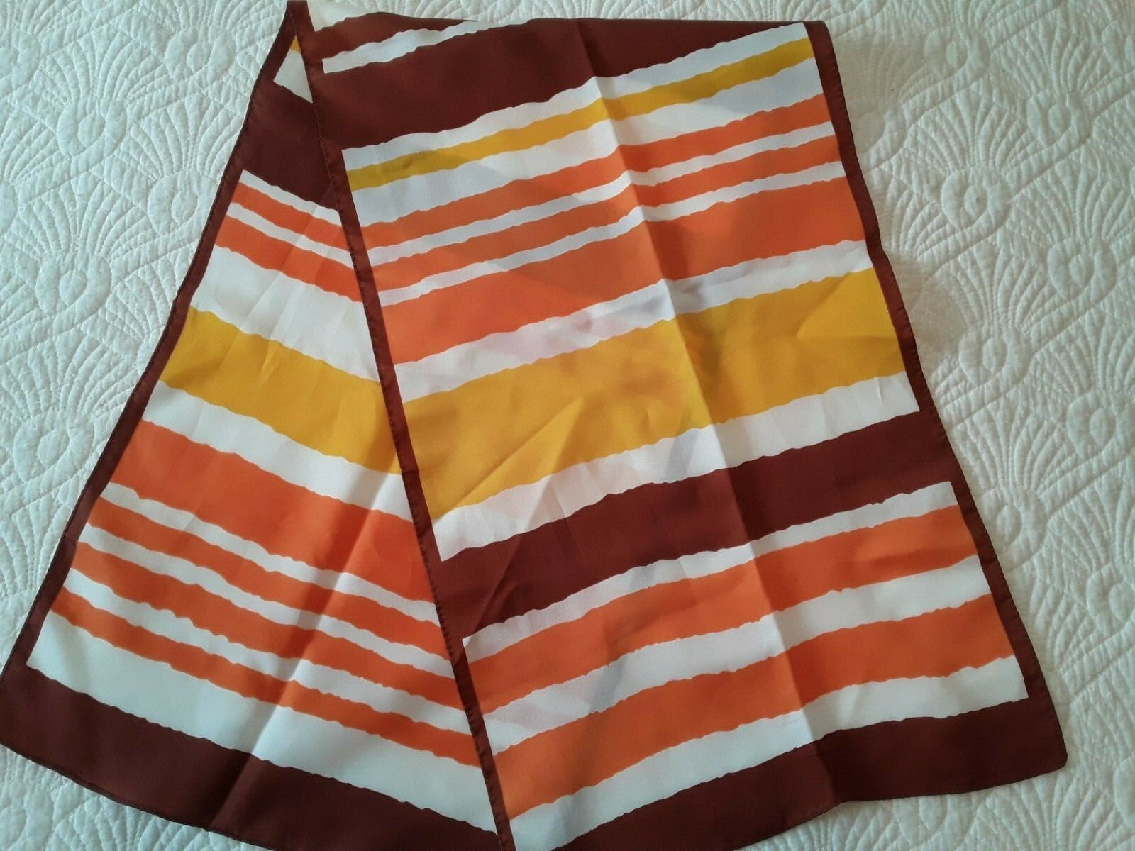 Classic 1970s Long Fashion Scarf Yellow Orange White Rust Stripes 12.75 x 42″