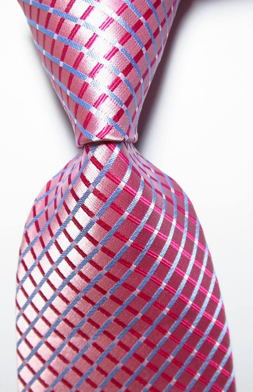New Classic Checks Pink Blue White JACQUARD WOVEN 100% Men’s Tie Necktie
