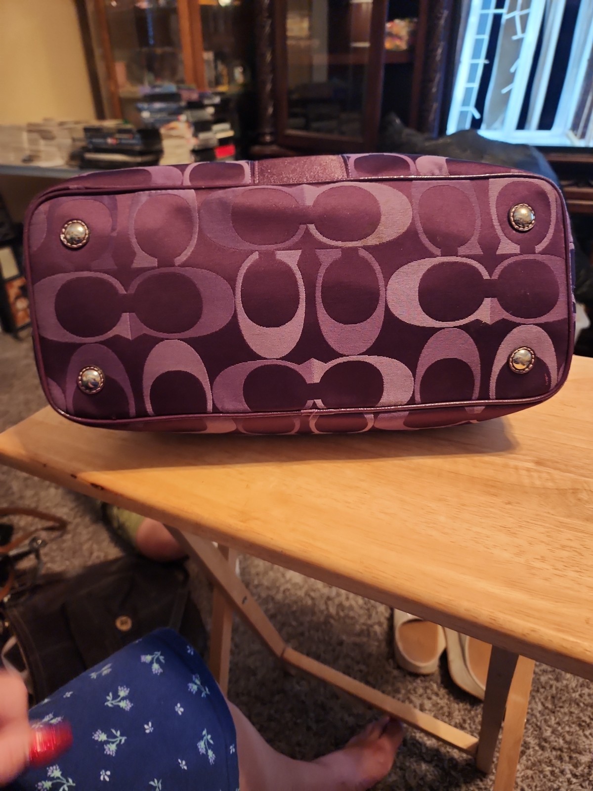 Coach Signature Jacquard Kisslock Tote Bag Purple 20105 Leather Trim