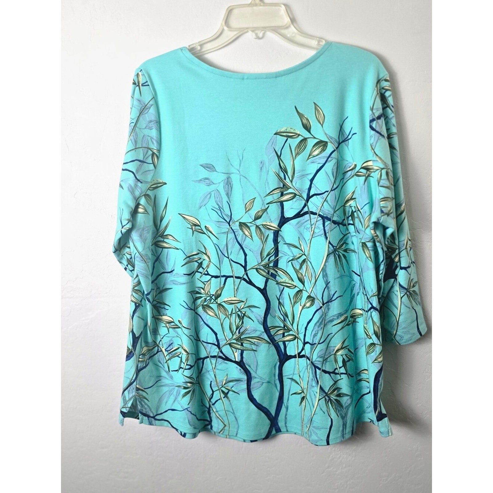 Quacker Factory Jean Bice Bird Print Cotton Tunic XL Aqua Botanical Nature Art