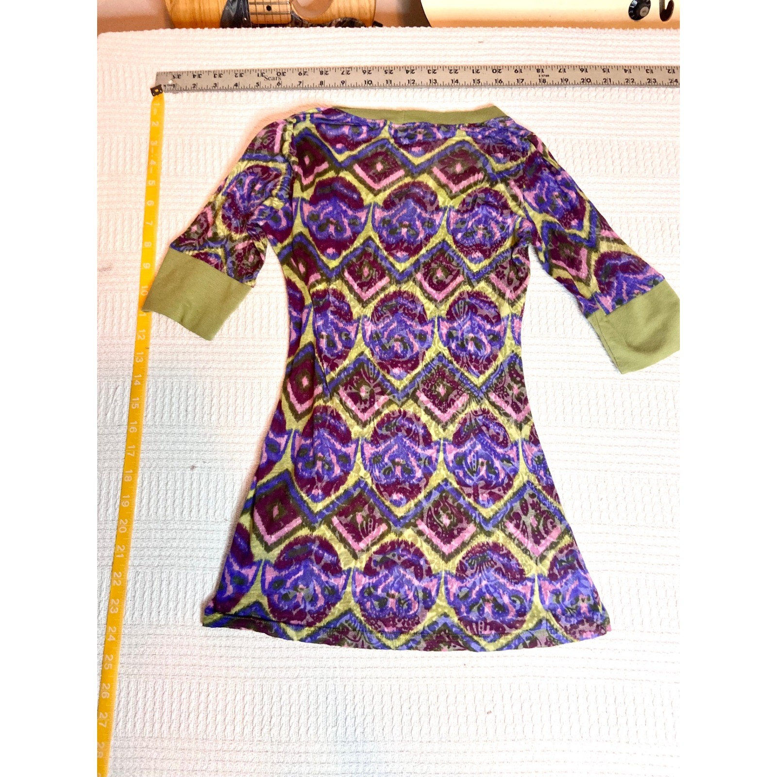 Cozy Casual Womens Small Purple Green Ikat Diamond Print Scoop Neck Tunic Top