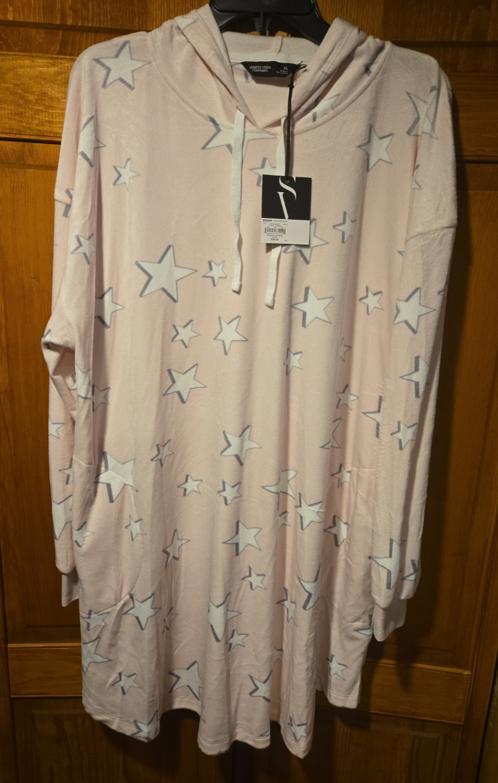 Vera Wang Blush/ Star Print Hooded Night Shirt XL NWT