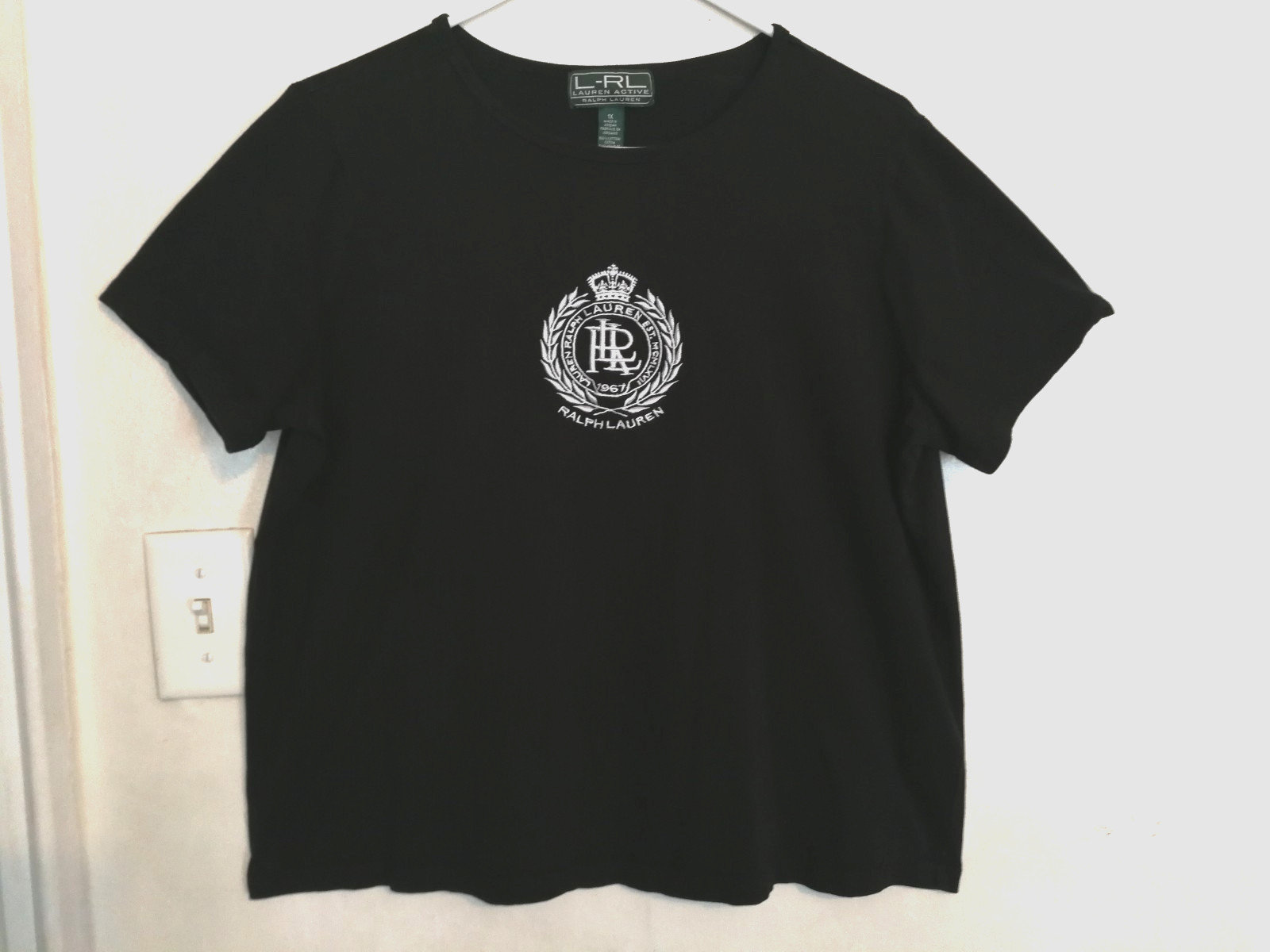 Lauren Ralph Lauren Active Womens Blouse XL Black Embroidered Logo Short Sleeve