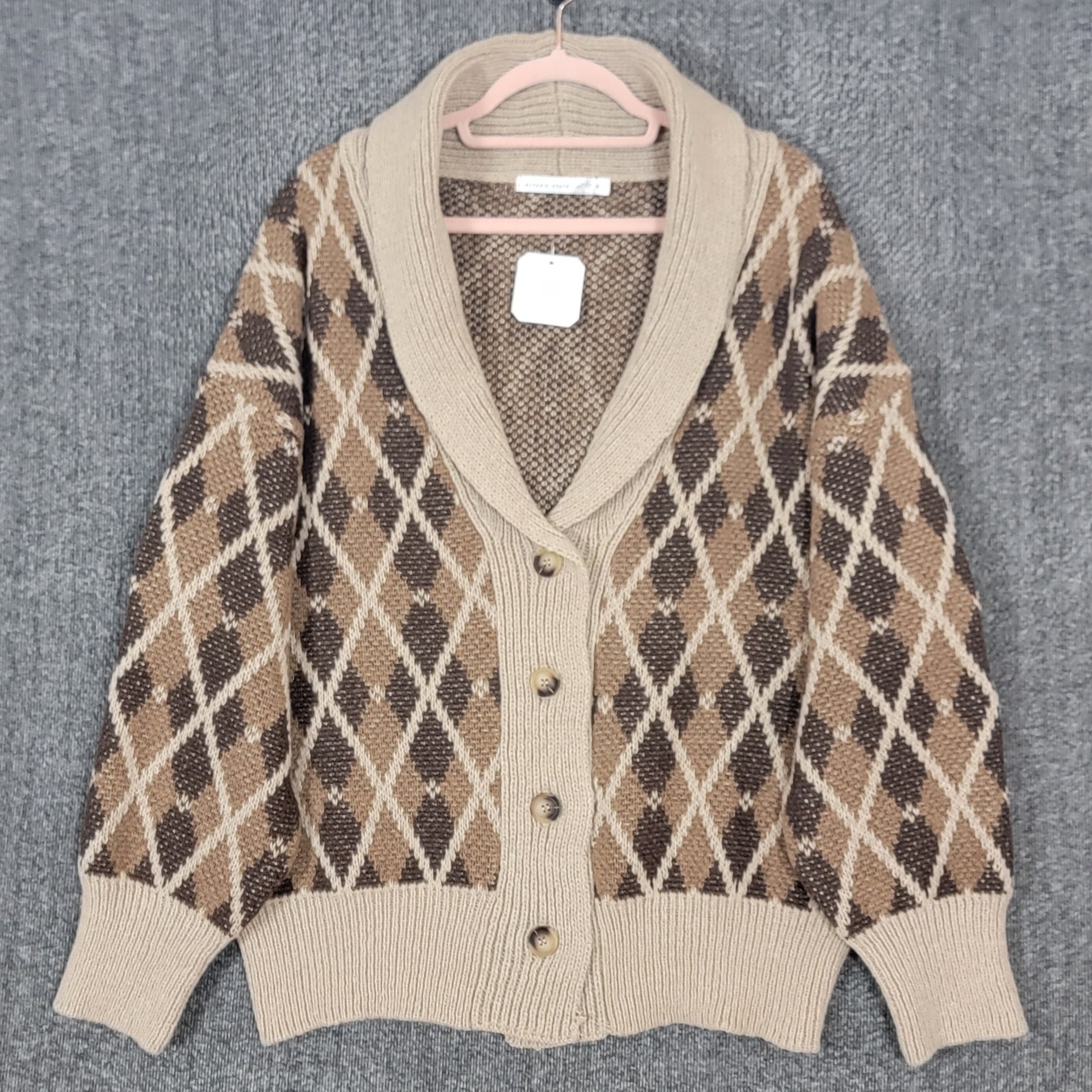 Altar’d State Sweater Womens Medium Brown Argyle Shawl Collar Grandpa Cardigan