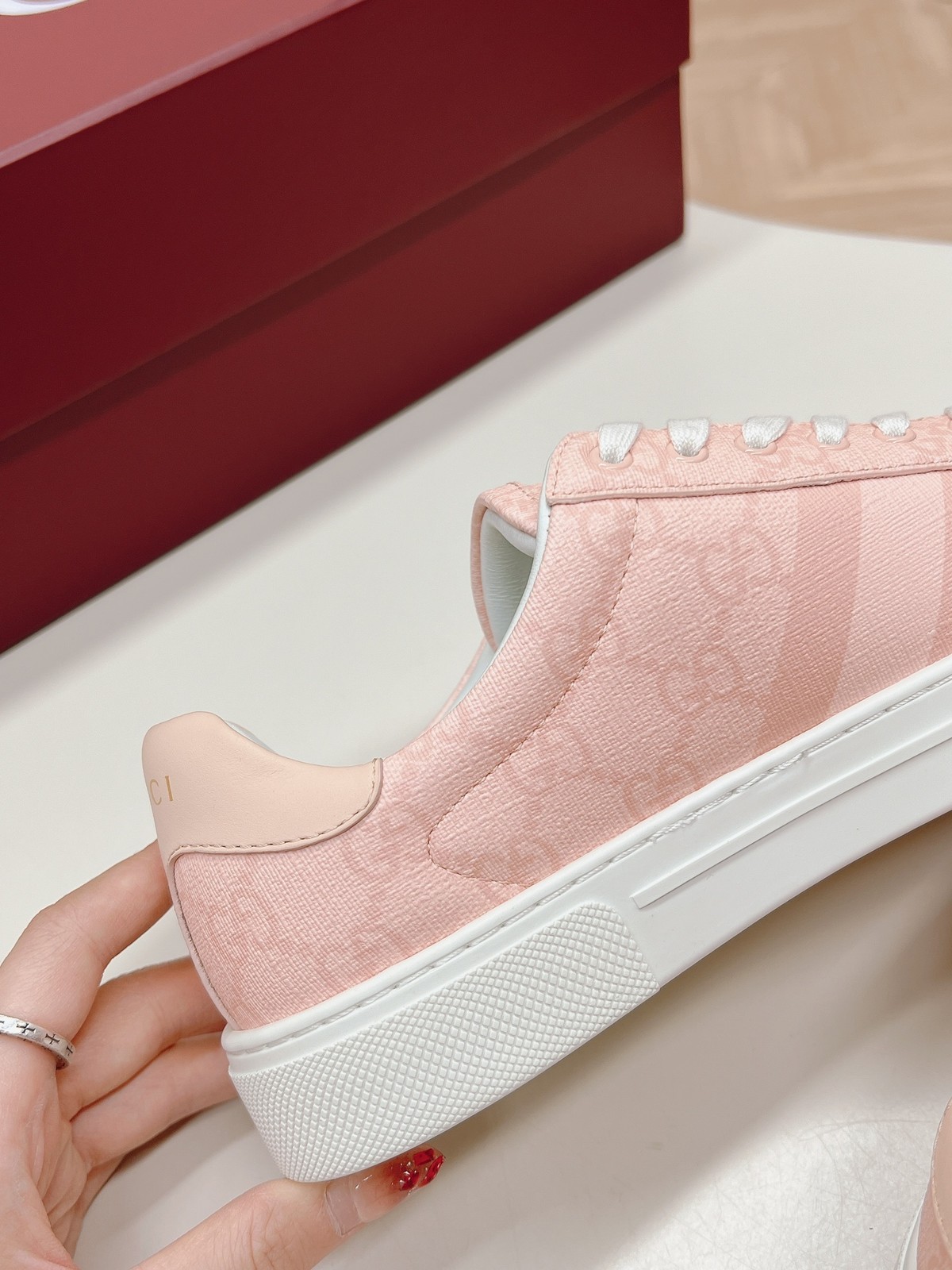 Gucci Ace Pink GG Supreme Canvas Sneakers Women White Web Stripe Low Top Shoes