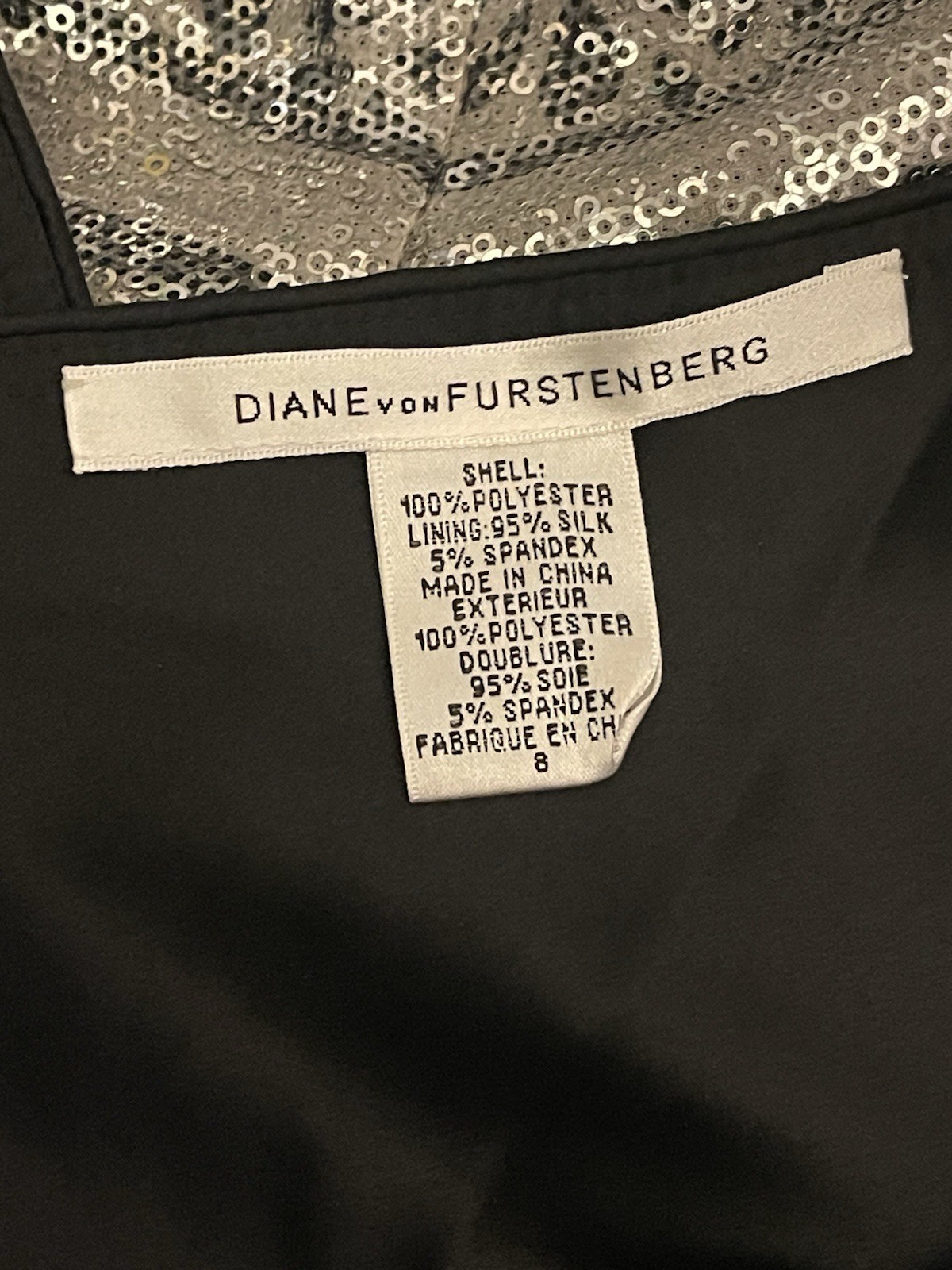 DIANE VON FURSTENBURG Silver Black Sequin V-Neck Wrap Satin Tie Evening Dress