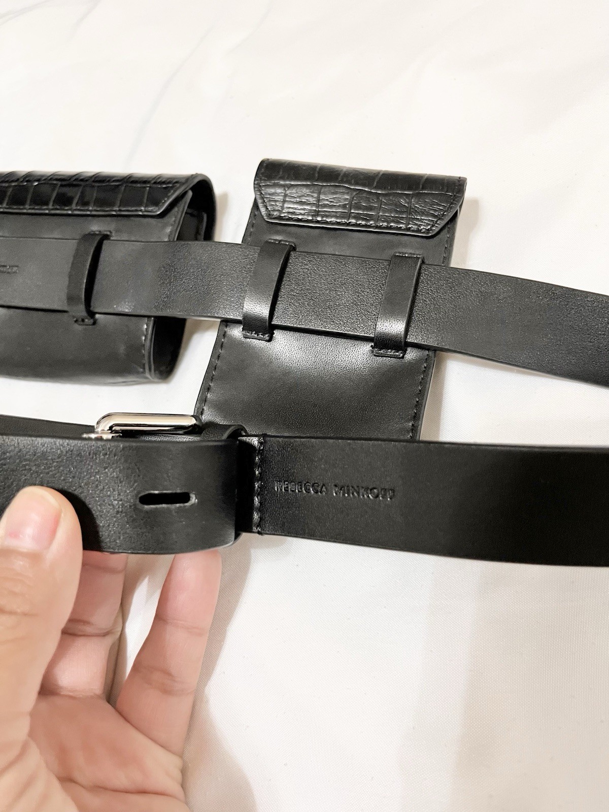 REBECCA MINKOFF | LEATHER CROCODILE EMBOSSED FANNY BELT BAG IN BLACK SMALL/MED