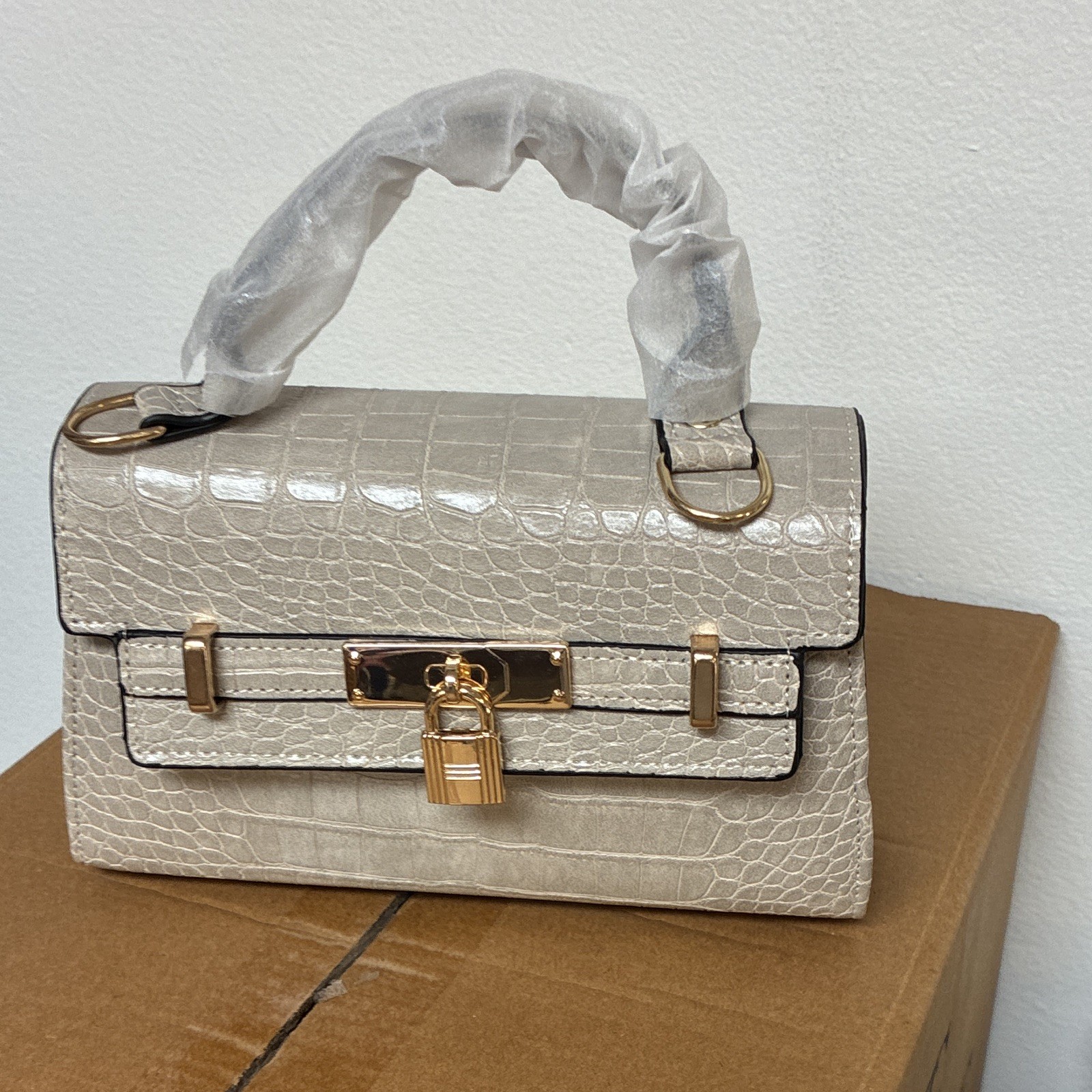 Beige Croc Embossed Small Satchel Top Handle Turn Lock Crossbody Strap Gold