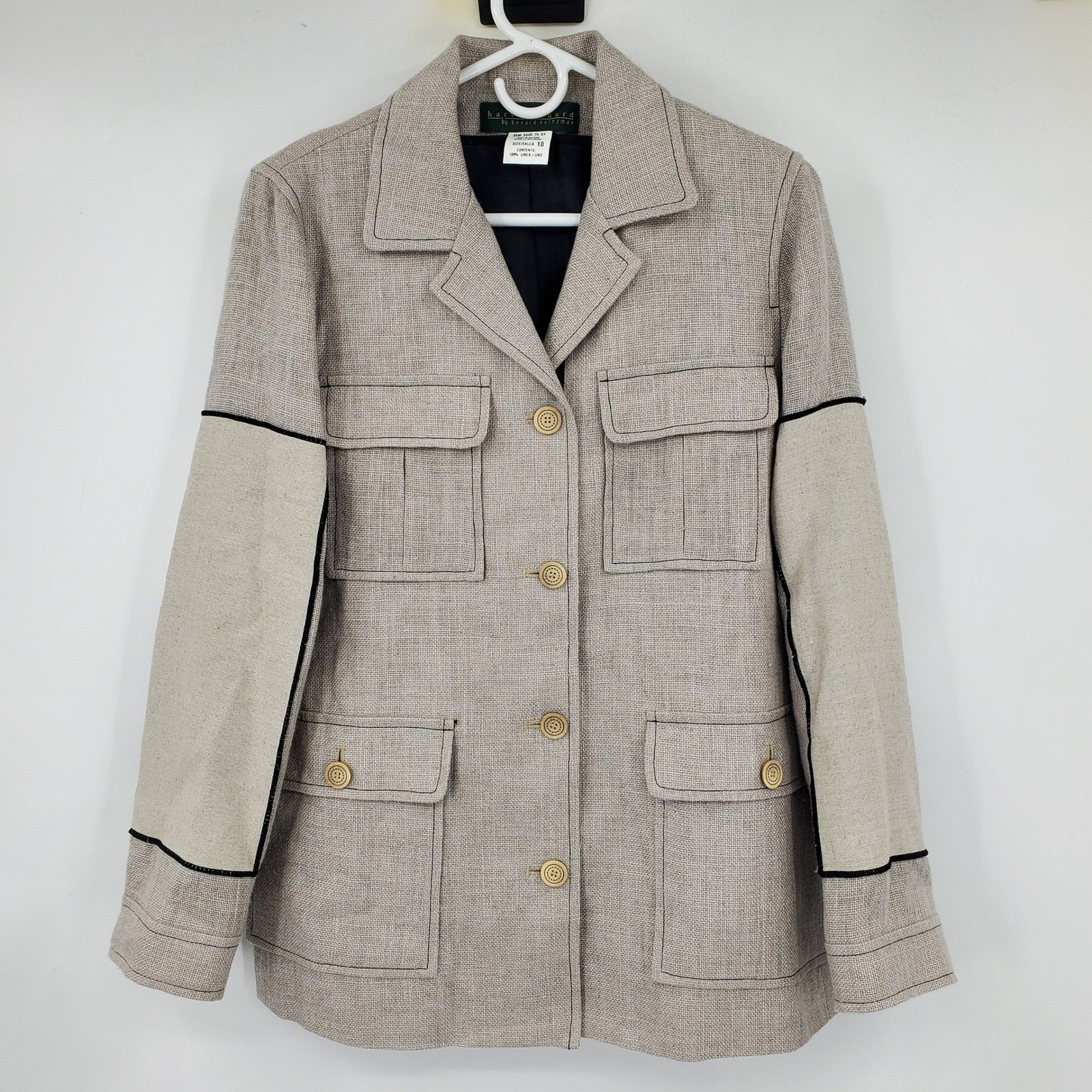 Harve Benard 100% Linen Safari Jacket Tan Contrast Sleeve Utility Blazer Size 10