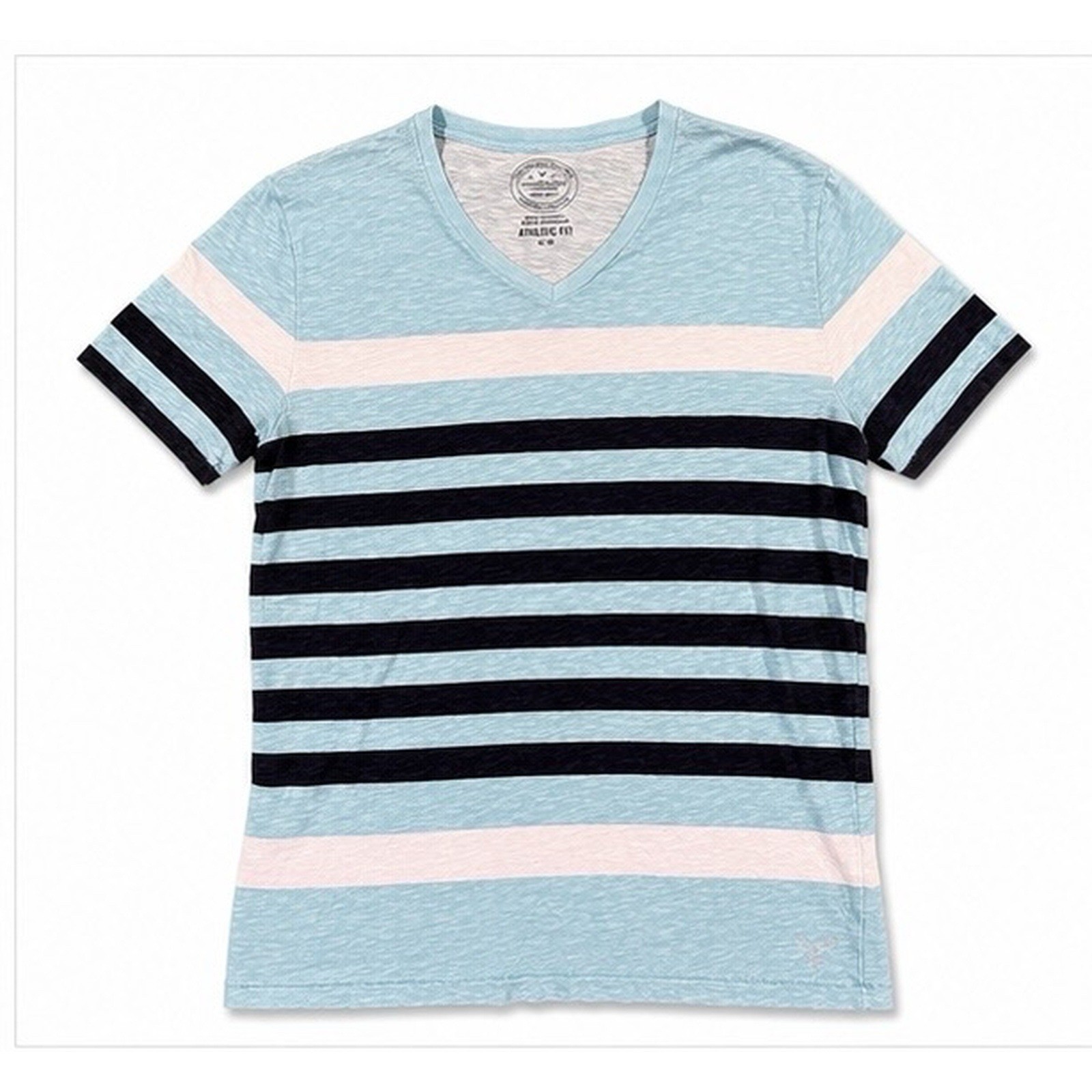 American Eagle Outfitters Mens Athletic Fit Striped V-Neck Tee M Blue/Black