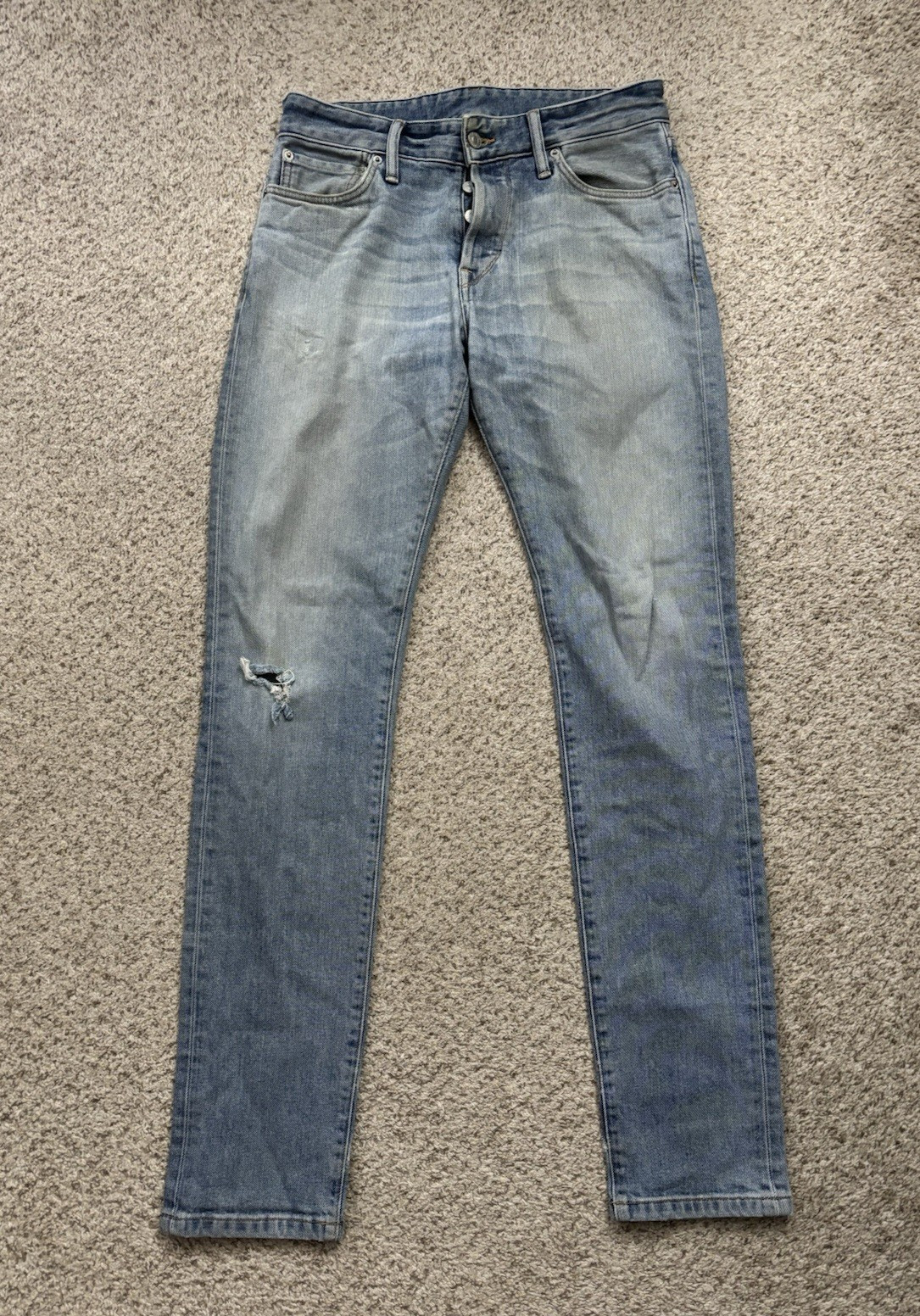 Buck Mason Jeans Mens 30×34 Long Blue Maverick Slim Double Dip Denim Destroyed