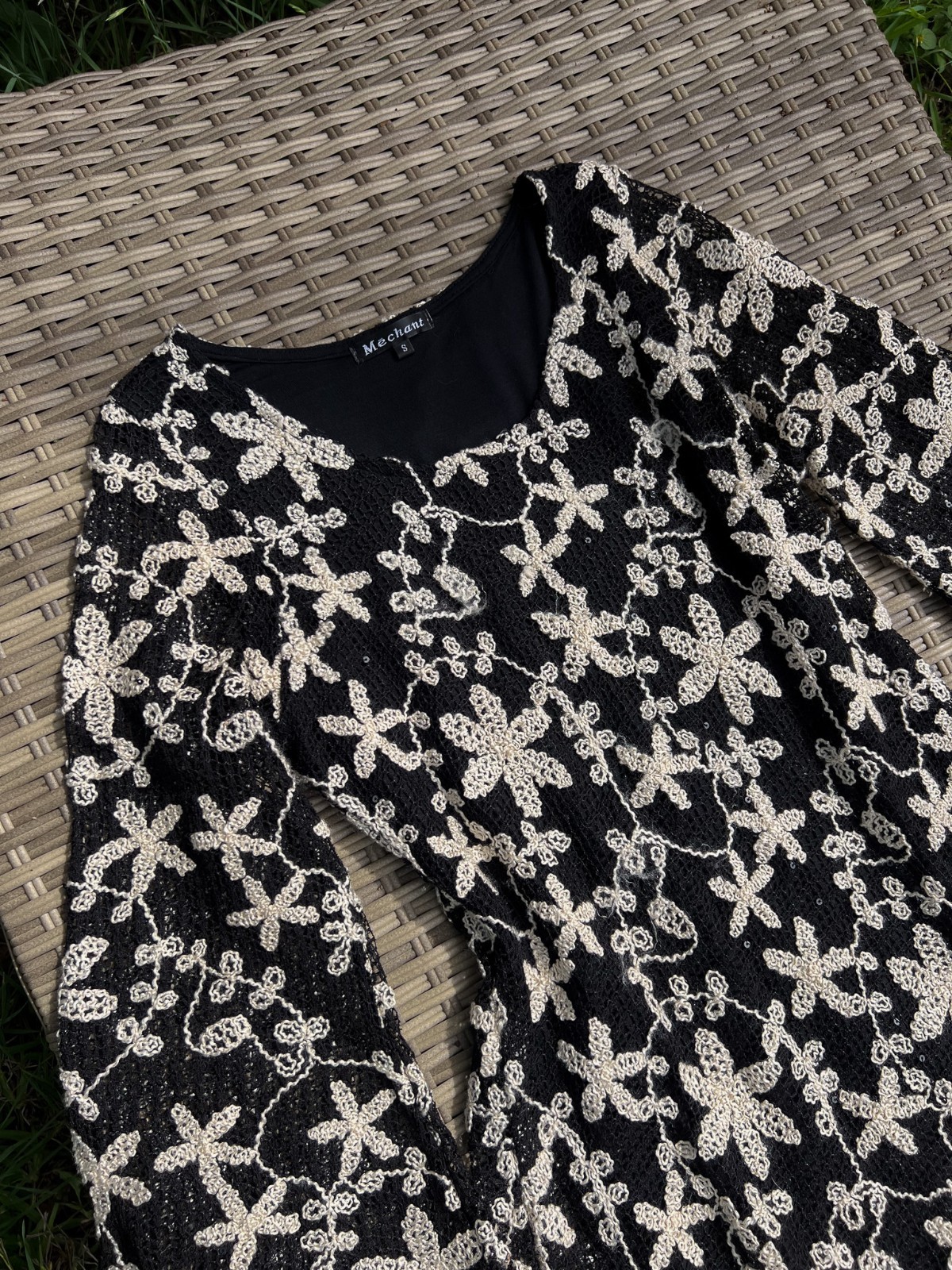 70s Inspired Flower Power Crochet Mini Fit-and-Flare Dress with Bell Sleeves