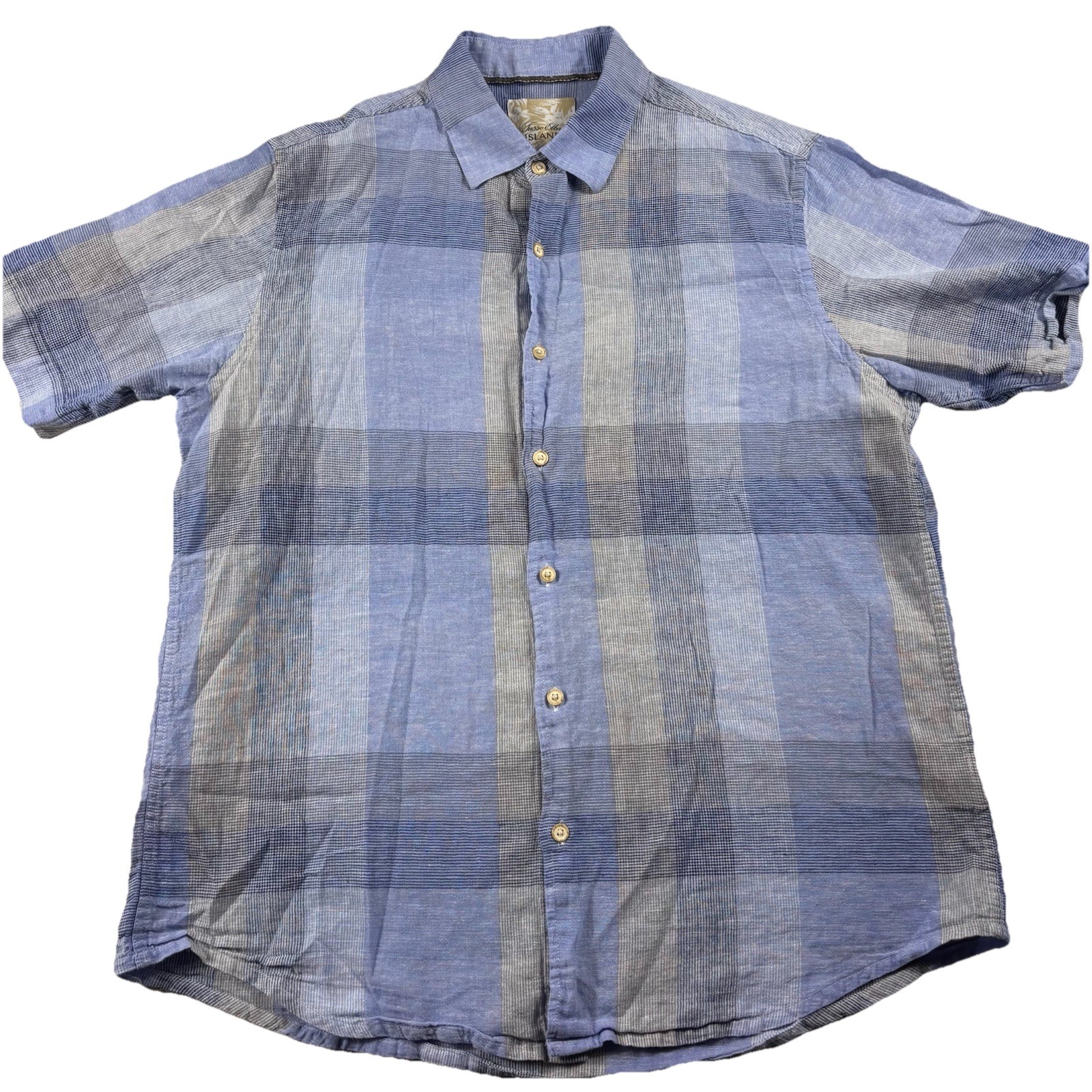 Tasso Elba Island Linen Button Up Short Sleeve Shirt Men Med Blue Gray Square B2