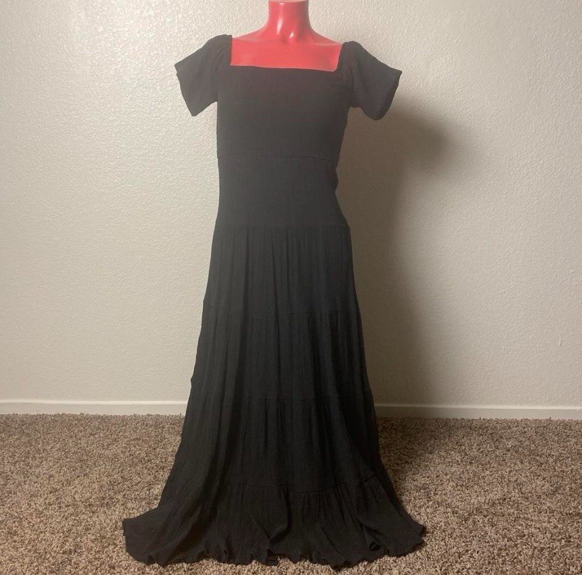 Black Smocked Maxi Dress Milkmaid Short Puff Sleeve Boho Tiered Long S