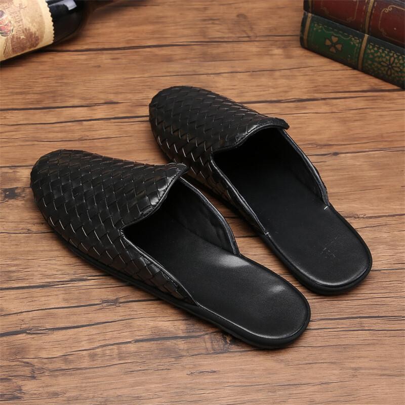 Men’s Leather Woven Slippers Flats Closed Toe Mules Handmade Casual Club Sandals