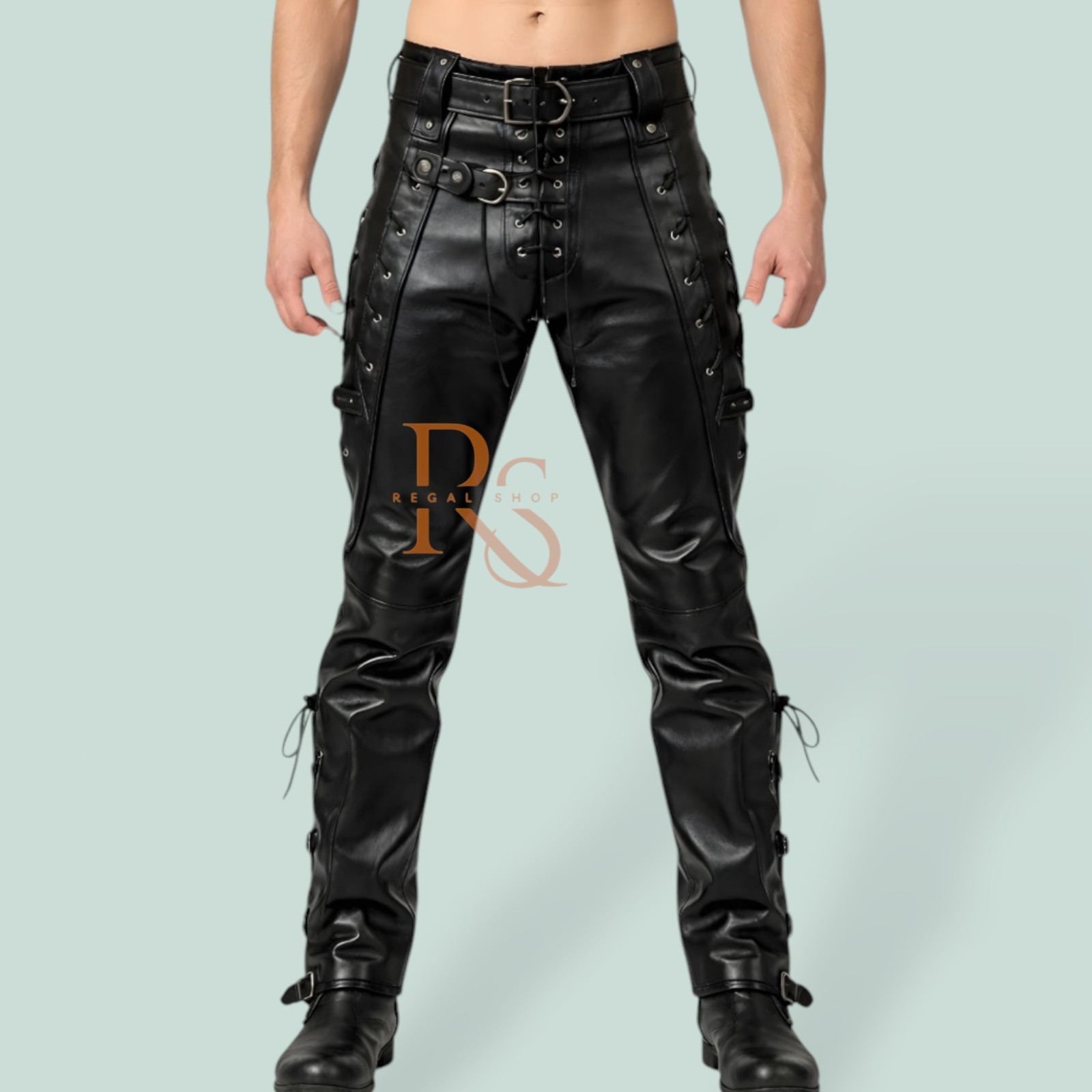 Mens Genuine Lambskin Leather Pants Lace Up Buckle Gothic Biker Punk Black