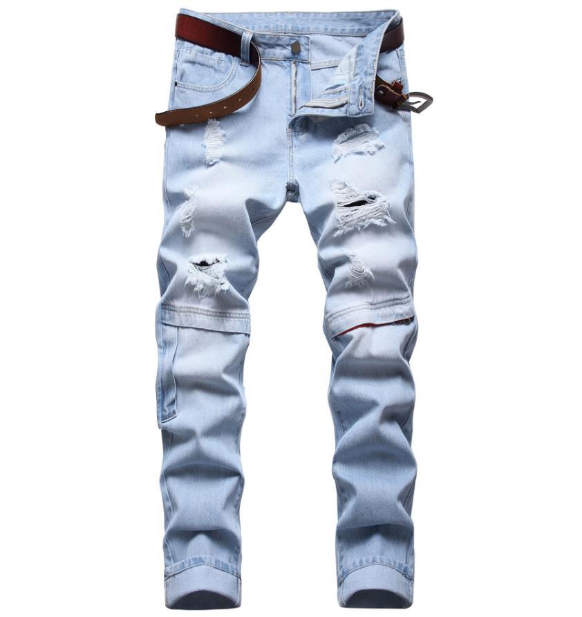 Men’s Light Blue Ripped Holes Straight Leg Casual Punk Hip Hop Pants Trousers