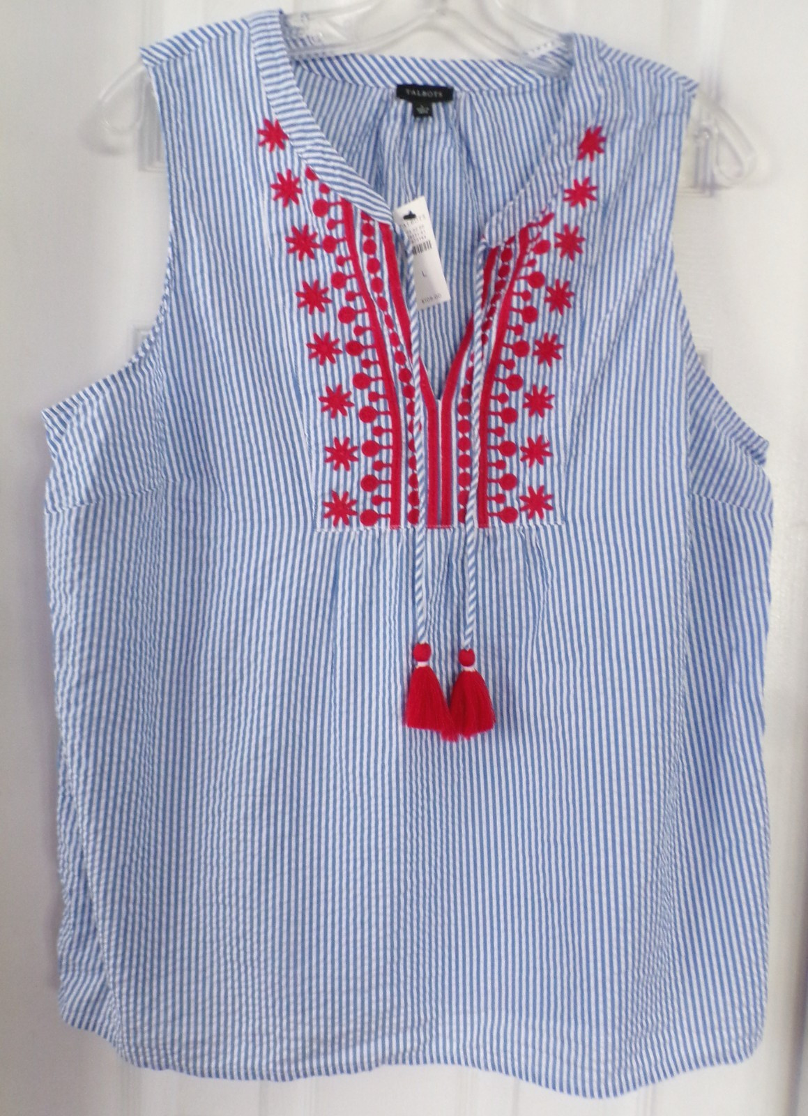 NWT NEW SUMMER TALBOTS LARGE EMBROIDERED SEERSUCKER SHELL TOP BLUE RED $109.00