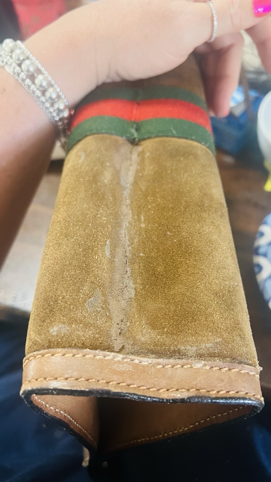 Vintage Gucci Brown Suede Portfolio Clutch Web Stripe GG Monogram Lining Italy