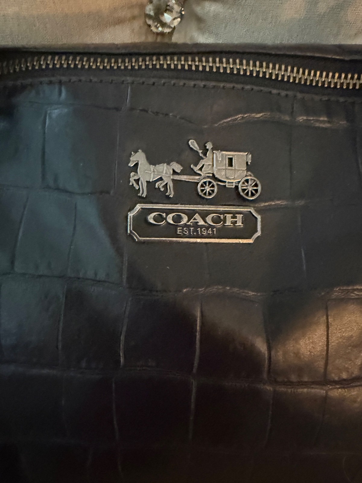 Coach Madison Sophia Croc Charcoal Leather Large Satchel Antique Black Handbag