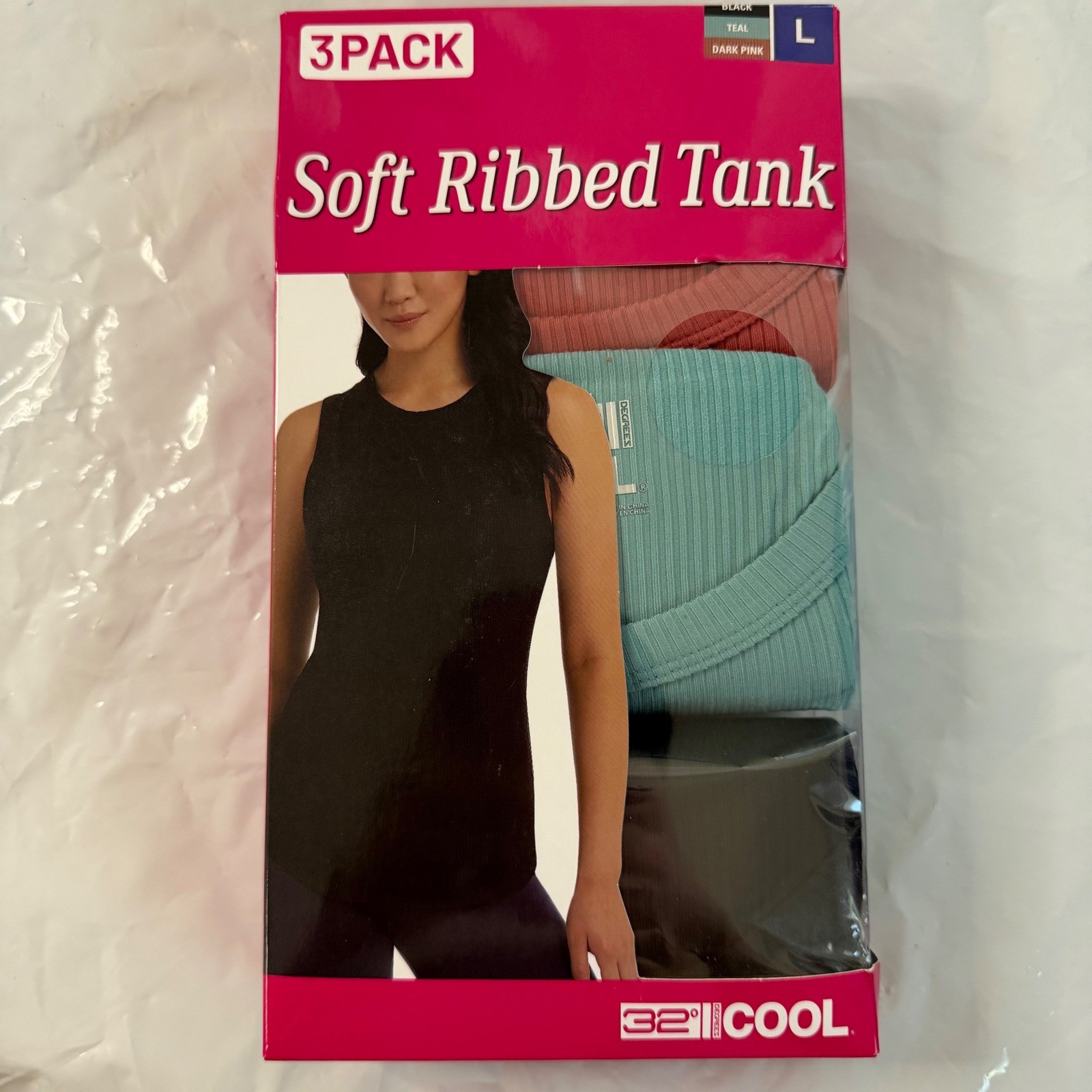 32 Degrees Cool Womens 3 Pack Soft Ribbed Tank Tops Black Teal Dark Pink Large