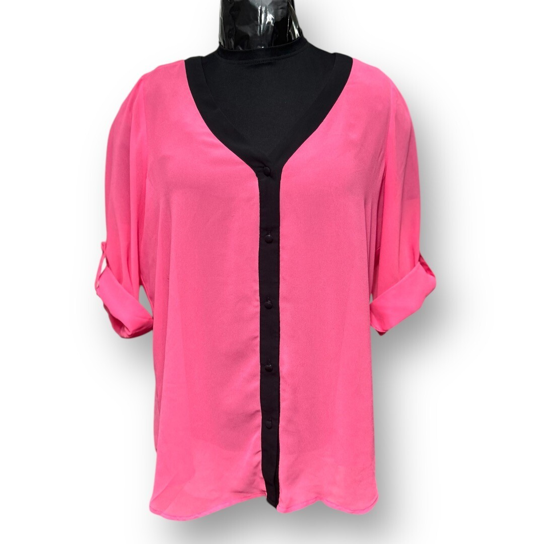 Torrid Pink Sheer Blouse Black Trim Button Front Back Slit Layering Y2K Boho 0X
