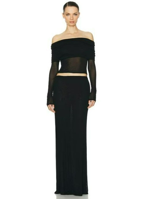 HELSA Revolve Black Sheer Knit Off The Shoulder Top Mesh Jersey Long Sleeve