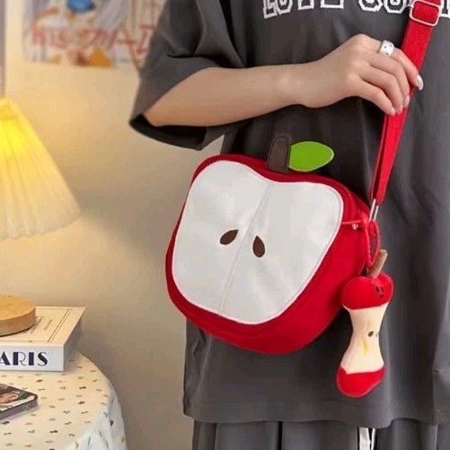 Fun And Trendy Red Apple Bag. Canvas/nylon Blend Zippered,adjustable Strap.