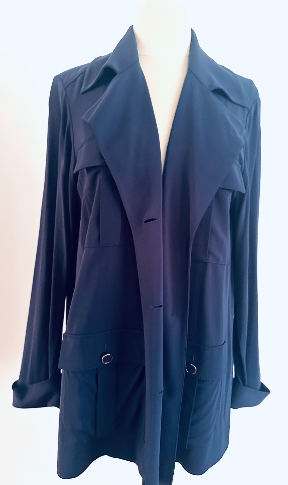 Lafayette 148 NY Navy Casual Button Up Topper Jacket Safari Style, Size Large