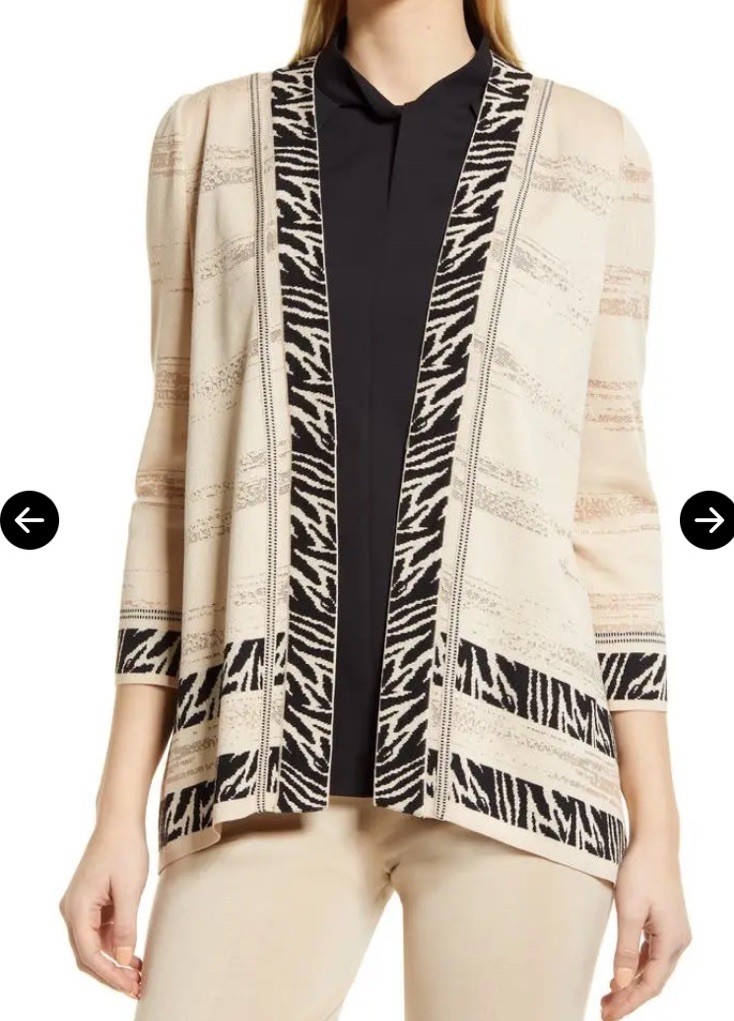 Ming Wang Jacket Cardigan Knit Tan/Black Zebra Trimmed Dramatic Artsy Cozy Small