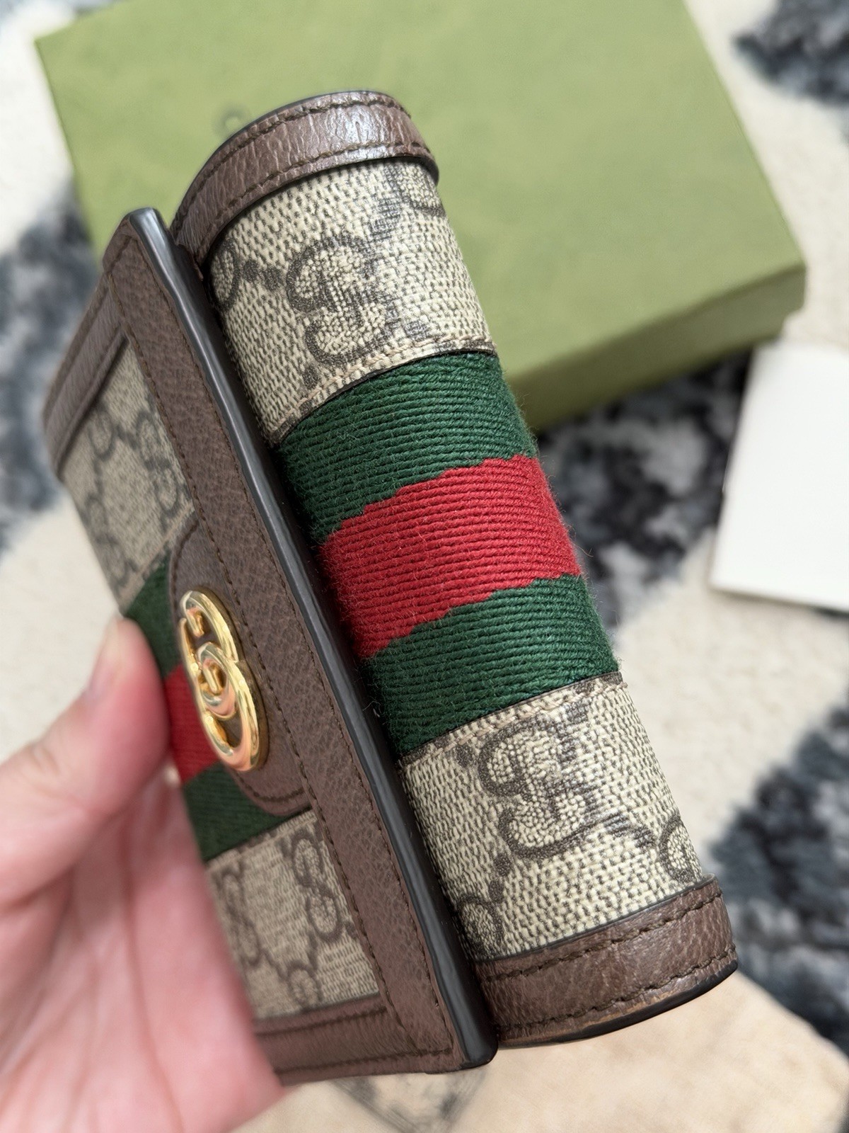 Auth Gucci GG Supreme Ophidia Web Trifold Card Case Wallet