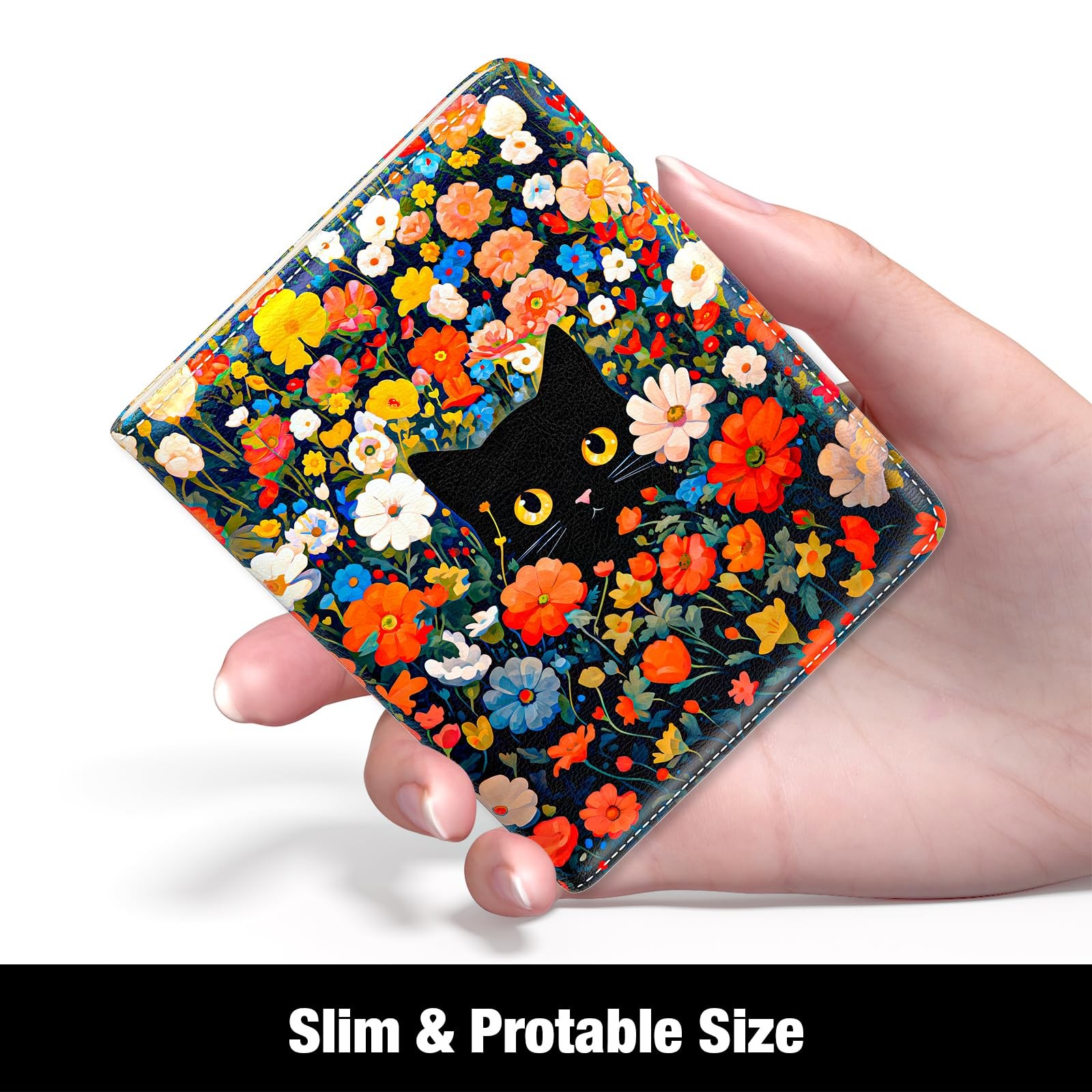 Rouidr Womens Wallet, RFID Small 4.3 x 3.6 x 0.6 inches, Colorful Flowers Cat