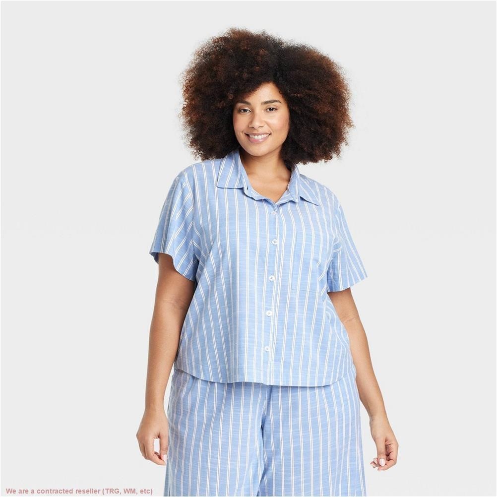 Women’s Striped Cotton Blend Pajama Shirt – Auden Light Blue 1X *SEE DEAL!!!*