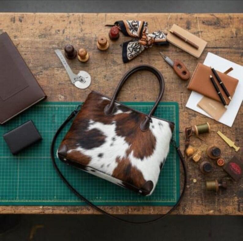 Handmade Genuine Cowhide Leather Tote Bag – Brown & White Hair On Leather Should