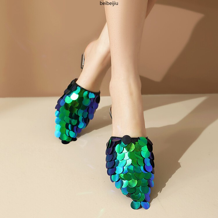 Glitter Sequins Women’s Flat Slipper Pointed Toe Mules Sandals Casual 46/47/48