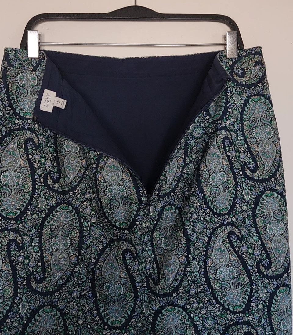 J Crew Pencil Skirt Paisley, Size 12, Cotton, Navy Teal Green +, Orig. ~$90!