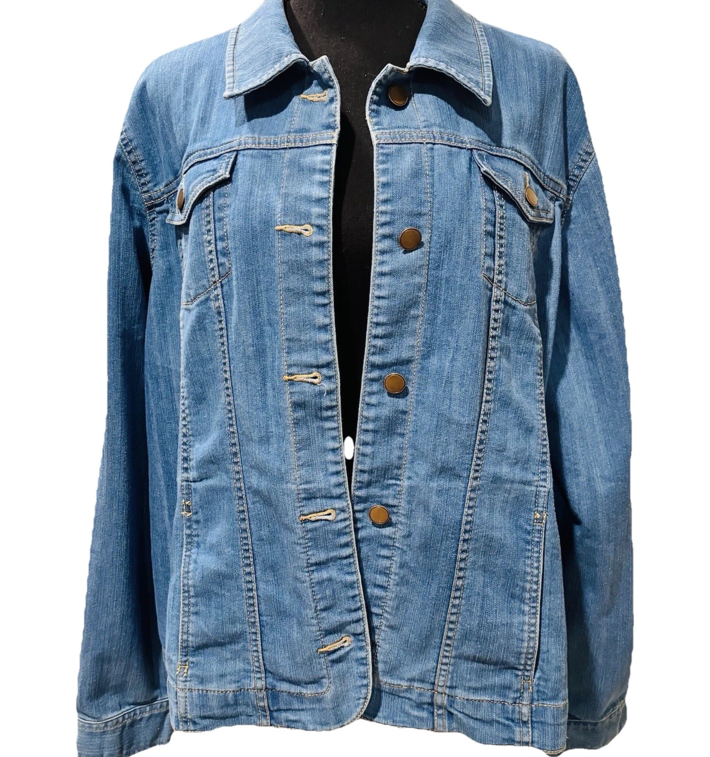 Blue Denim Jacket Button Front Chest Pockets Lightweight Classic Cotton Blend