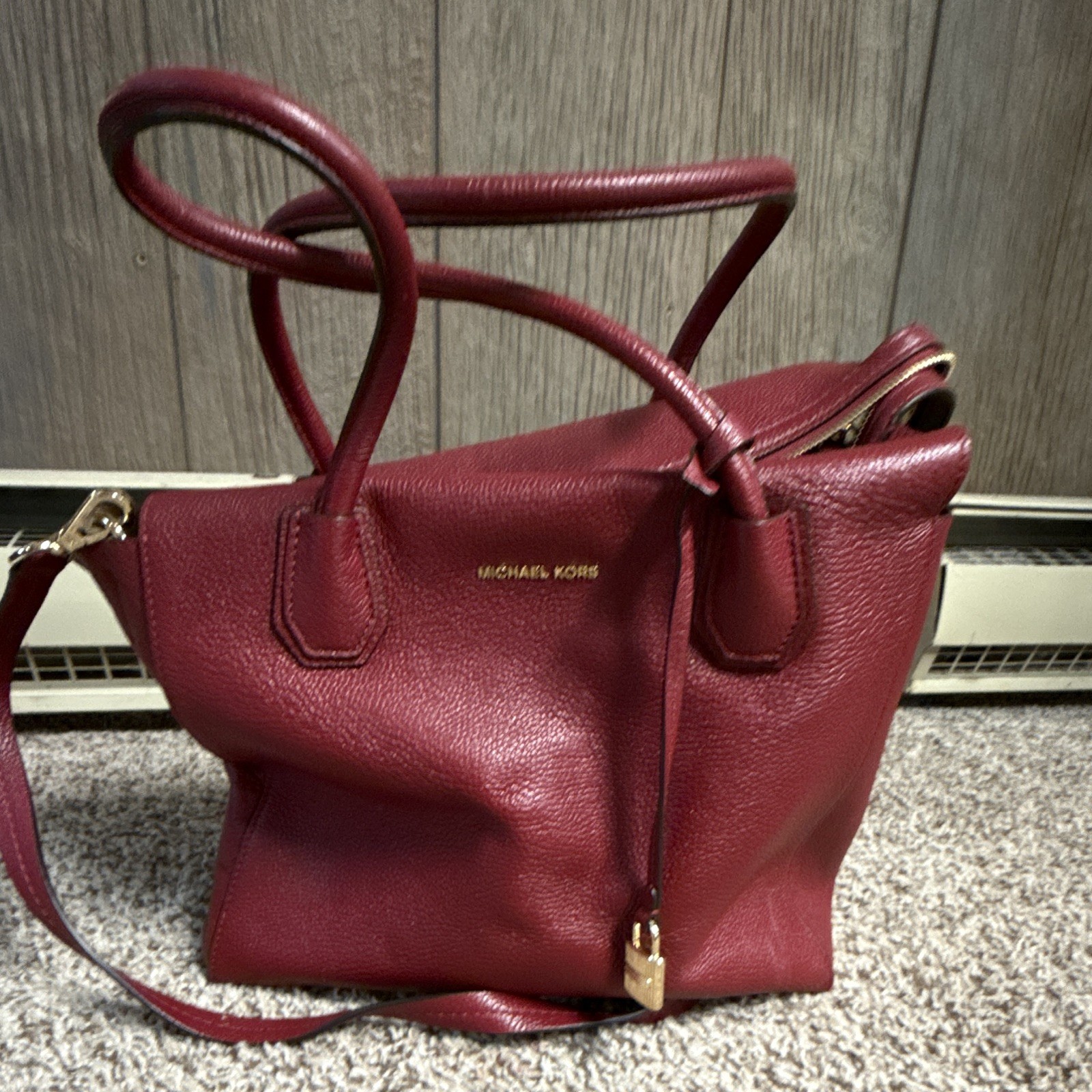 Michael Kors Burgundy Pebbled Satchel Medium Zip Detachable Strap Padlock Gold