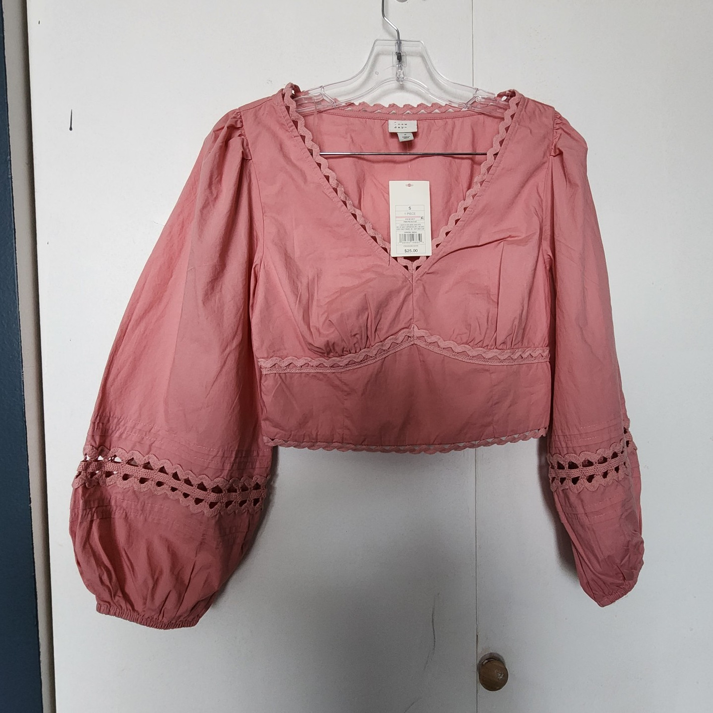 A New Day Pink Cotton Woven Cropped babydoll Puff Sleeve Smock Blouse S cottage